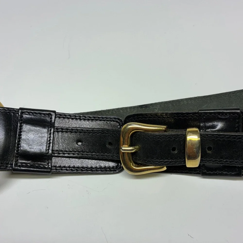 Vintage La Doppia Vita Italy Wide Black Leather Belt Corset Waist Cincher 95